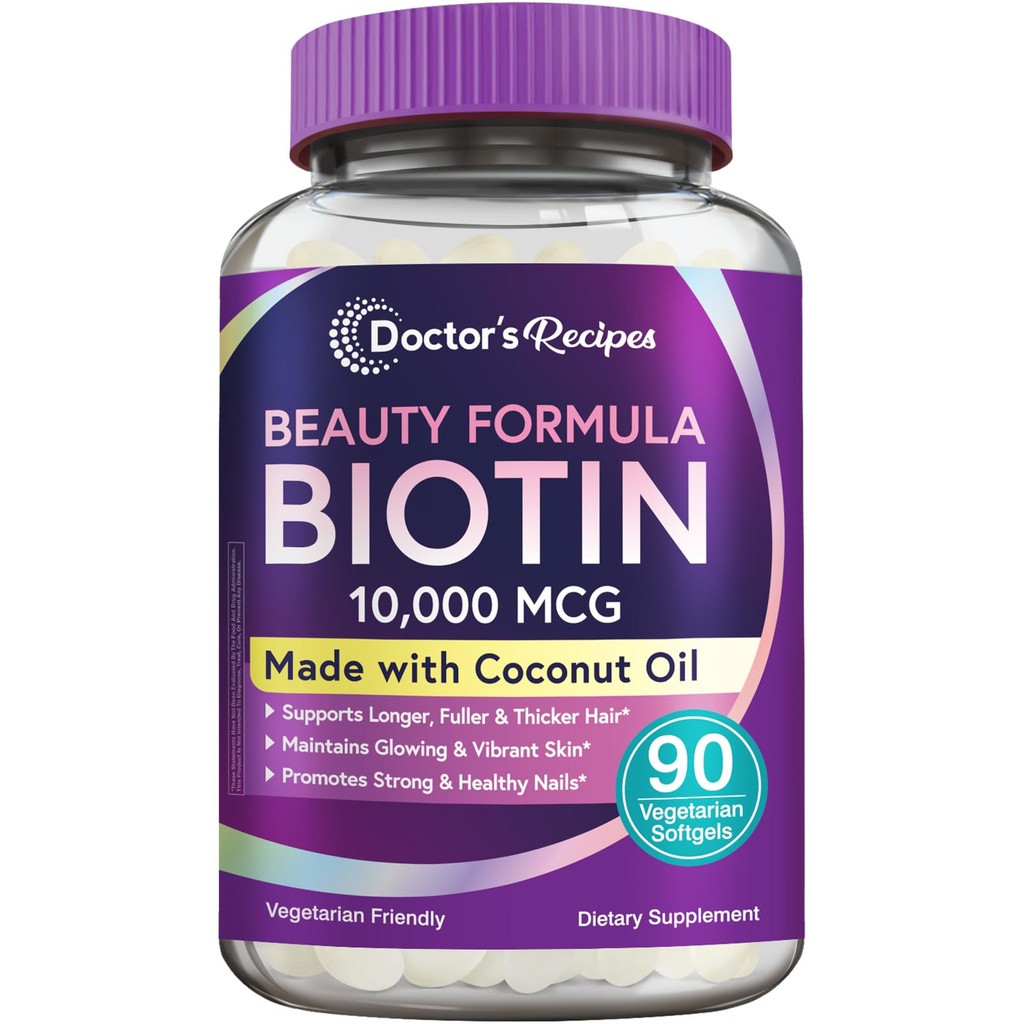 Lekár recepty Biotín 10 000 mcg, Rast vlasov, Zdravá koža a nechty, Metabolizmus energie, Vegetariánska-Priatelia Biotin, s kokosovým olejom, Non-GMO, 3 mesiace dodávky, 90 Vegetariánska Softgels