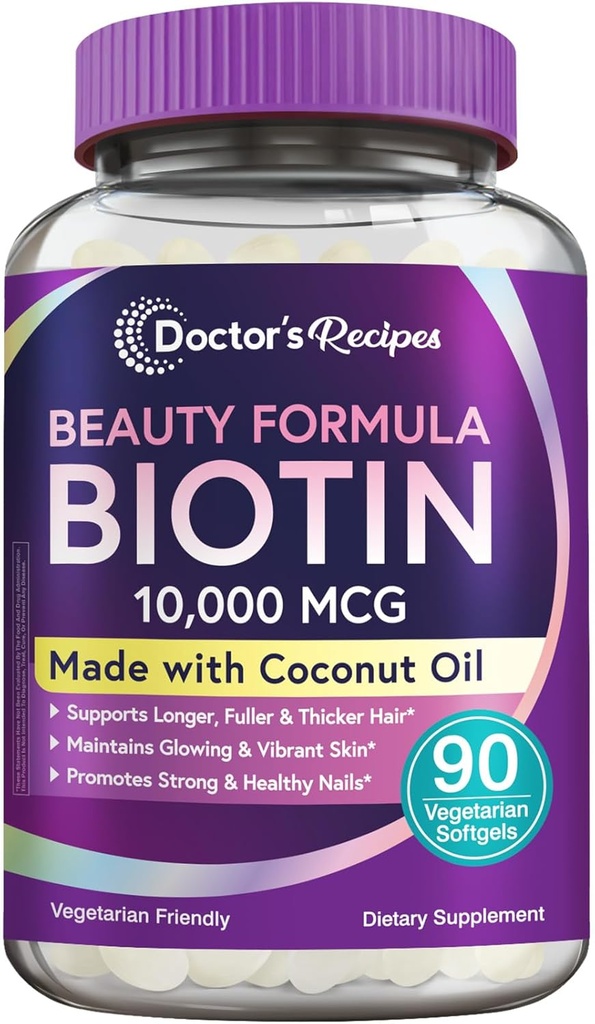Lekár recepty Biotín 10 000 mcg, Rast vlasov, Zdravá koža a nechty, Metabolizmus energie, Vegetariánska-Priatelia Biotin, s kokosovým olejom, Non-GMO, 3 mesiace dodávky, 90 Vegetariánska Softgels