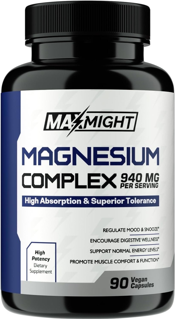 Magnézium Complex, 210 mg Elementárny horčík, Glycinát, Dusičnan a malát, non-GMO, Maximálna absorpcia, svalovina, Mood, Energia, 90 Vegánske kapsuly