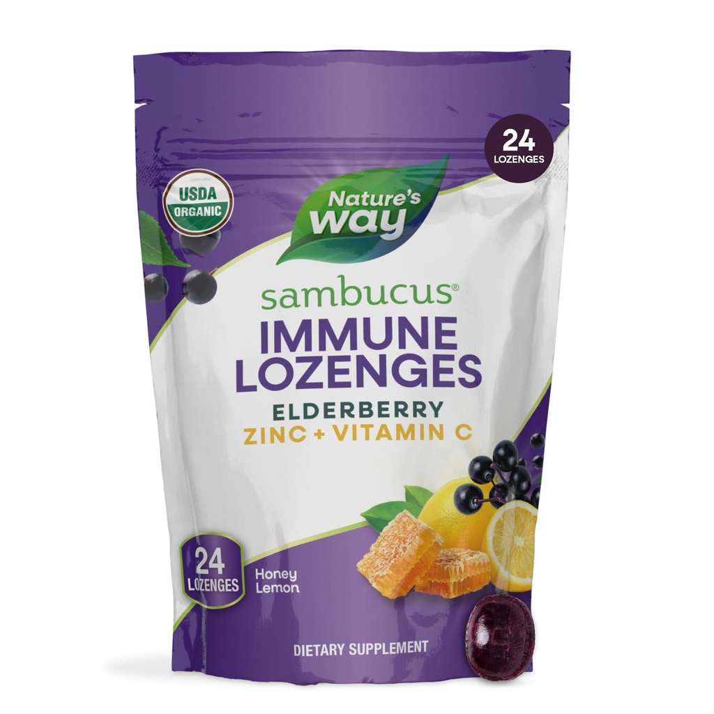 Cesta prírody Sambucus Zinok Lozenges s bazami a vitamínom C, med citrónová príchuť, 24 Lozenges