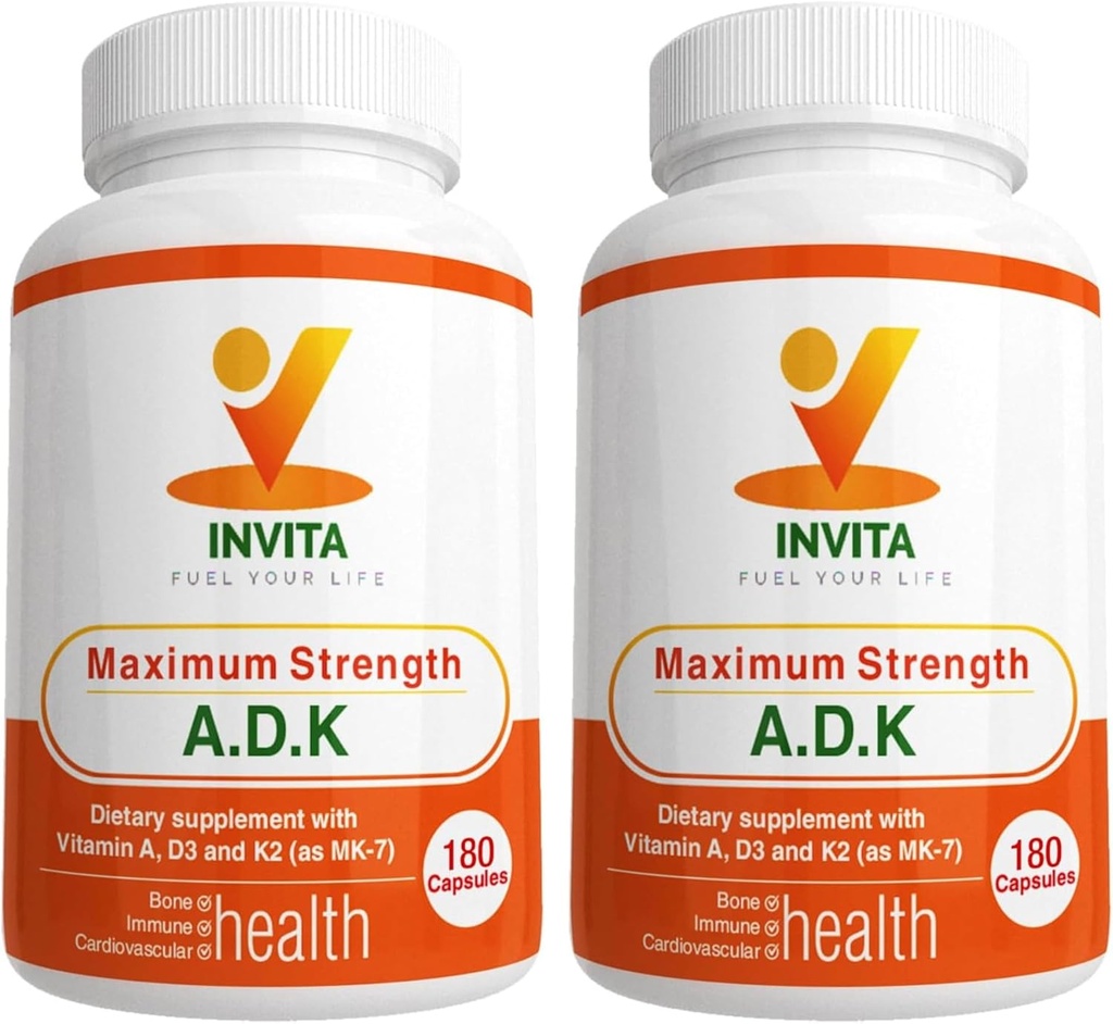 INVITA ADK - Vitamíny A1, vitamín D3 5000 IU & K2 MK7 doplnok - Lekár Formulovaný kostný a imunitný systém podpora - Gluten bez, non-GMO - 180 Vegetariánske kapsule pre mužov a ženy