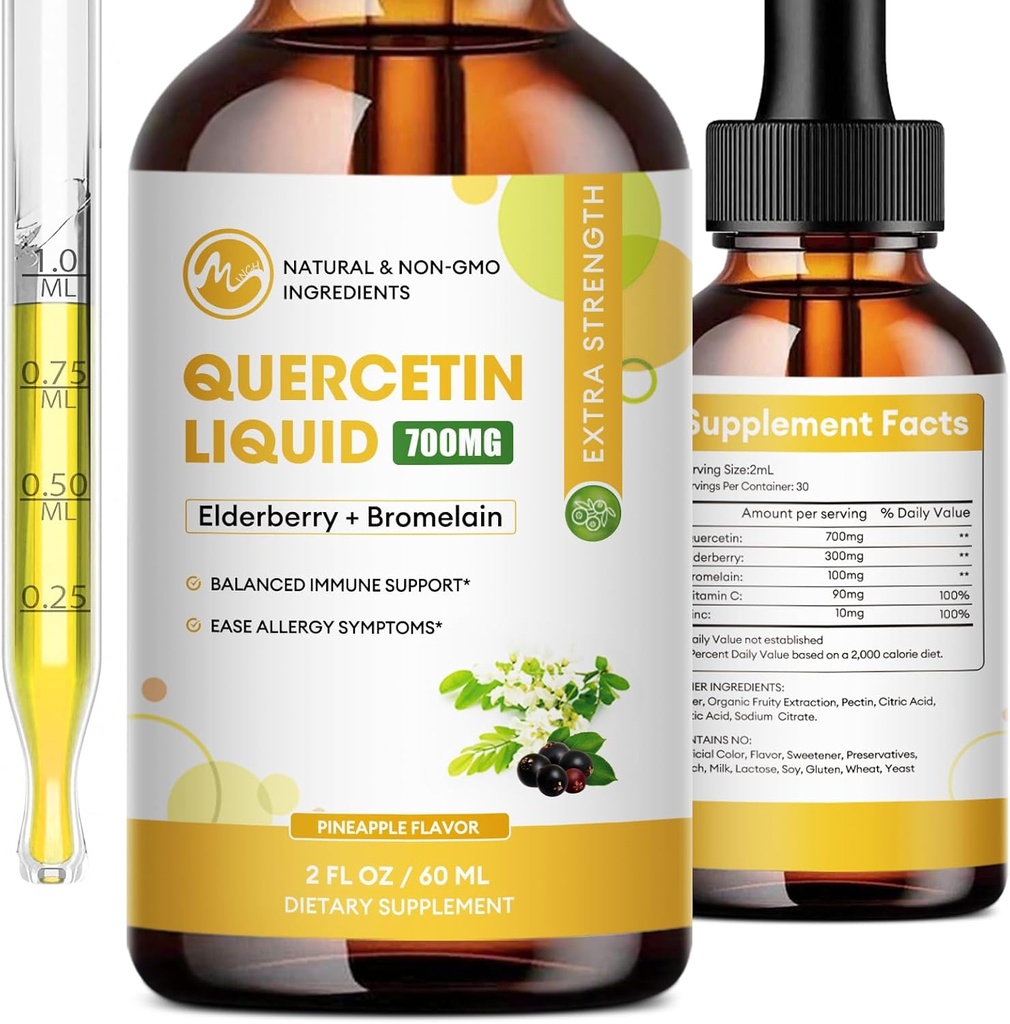 (2 balenia) Quercetin Tekuté kvapky - Quercetin Doplnky 700 mg - 4X Silnejšie ako tablety a kapsule - 5 v 1 Quercetin s hypromelínom bazový vitamín pre imunitu respiračné wellness- 2 Fl Oz*2