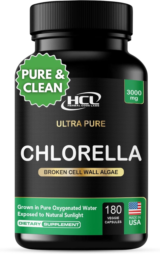 Chlórella Kapsule 3000 mg - Cracked Cell Wall Blue Green Algae Supplement - Best Natural Detox Cleans - Rastlinné vitamíny Minerály Chlorofyl Vegan Protein Powder Pills - Vyrobené v USA
