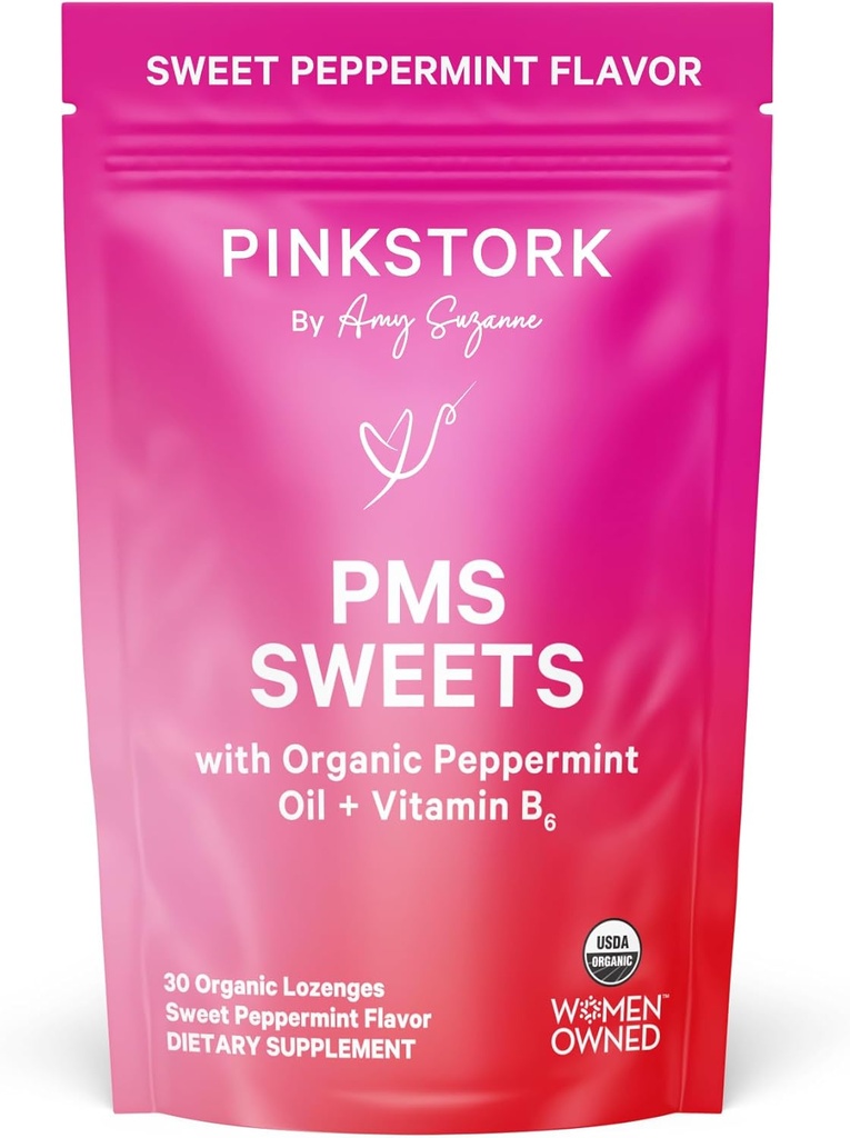 Pink Stork Organic PMS Support Sweets for Teens and Women - Jednoduché a prírodné zložky Vitamín B6 a mäta pieporná - Obdobie, Trávenie, Bloating, Mood Swings - 30 kvapky