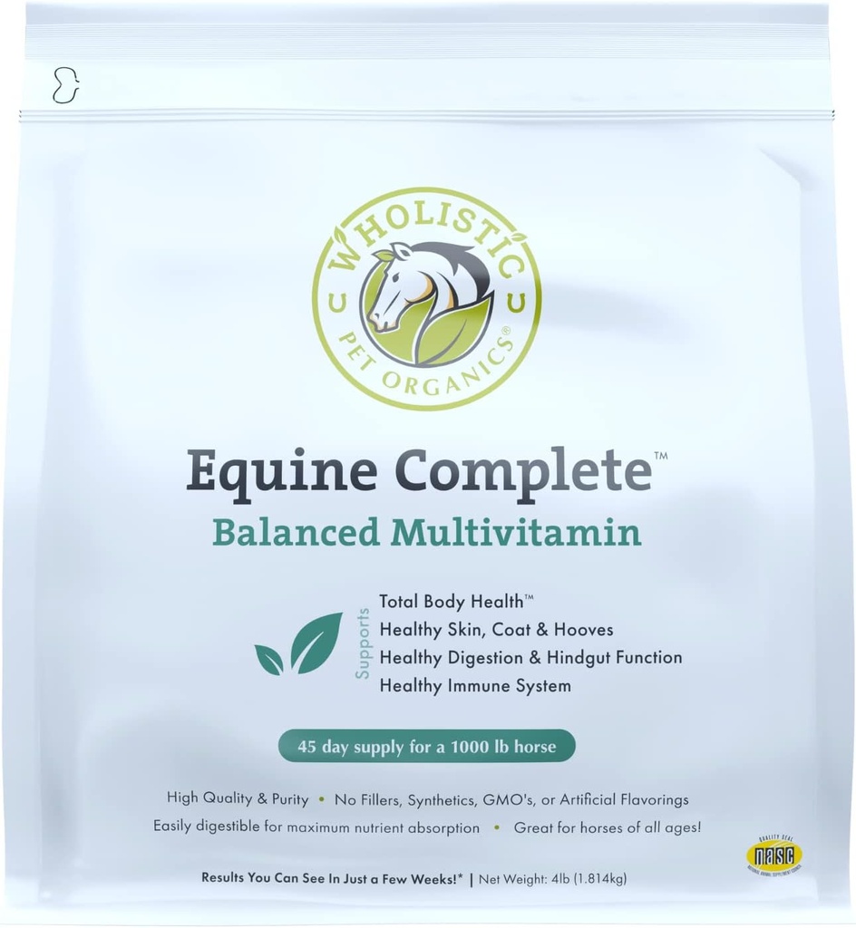 Wholistic Pet Organics Equine Complete: Horse Multivitamín pre celkové zdravie tela - Konský doplnok s vitamínmi, minerálmi, prebiotikami, probiotikami, antioxidantmi a viac - 4 Lb