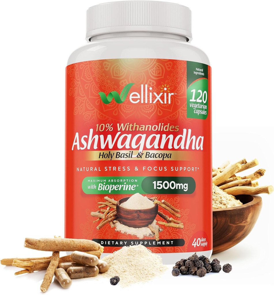 Ashwagandha Kapsule - 10% Withanolides, Root Powder Extract, Bylinné doplnky pomôcť podporiť prírodný stres Relief, spánok, Focus - 1500mg, pre mužov a ženy -120 Počet