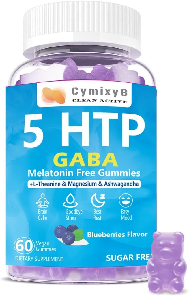 5-HTP GABA Gummies Blend 1700mg, Bezcukrové upokojujúce Gummy s L Theanine, horčík, Ashwagandha, Omega-3-6-9, Vitamín D3,B6 pre prírodné Zzzs, Mood, Brain-Calm, Blueberry Flavor 60Count