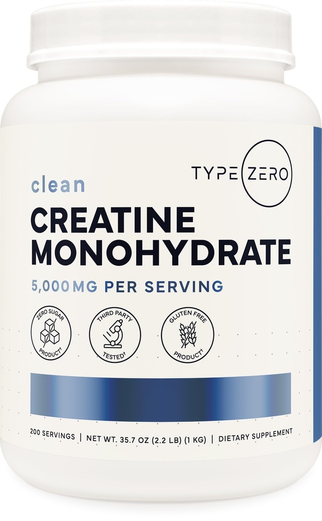Typ Zero Creatin Monohydrate (Unflavred) 1 KG, 5000mg (5g) Per Serving, Micronized, Zero Sugar, Keto Friendly & Gluten Free, 200 Servings