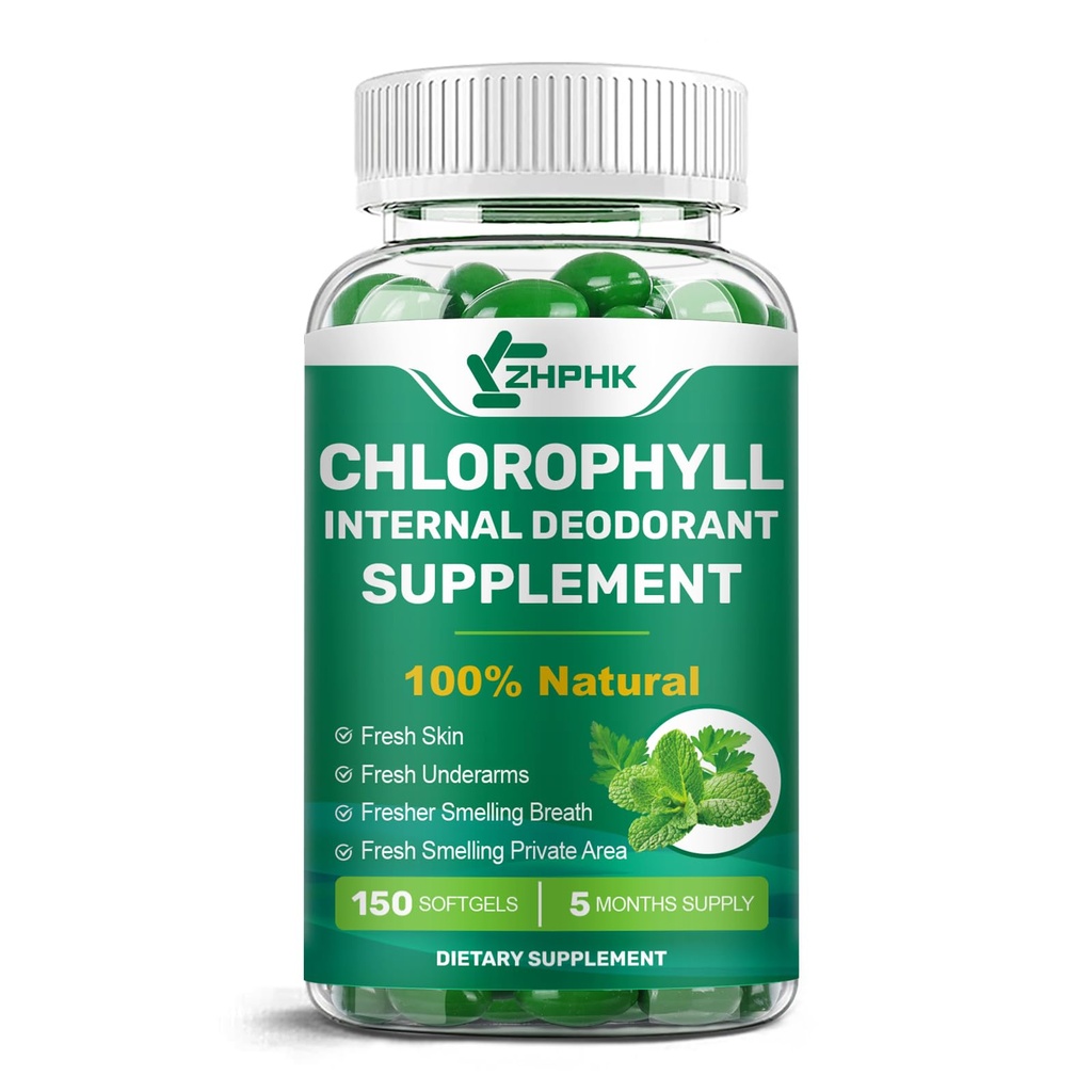 ZHPHK Chlorophyll Supplement Internal Body Deodorant Supplement for Men & Women, Gut Health, Fresh Breath, Skin Health, Natural Odor Remove, Vegan, Non-GMO, 150 Count