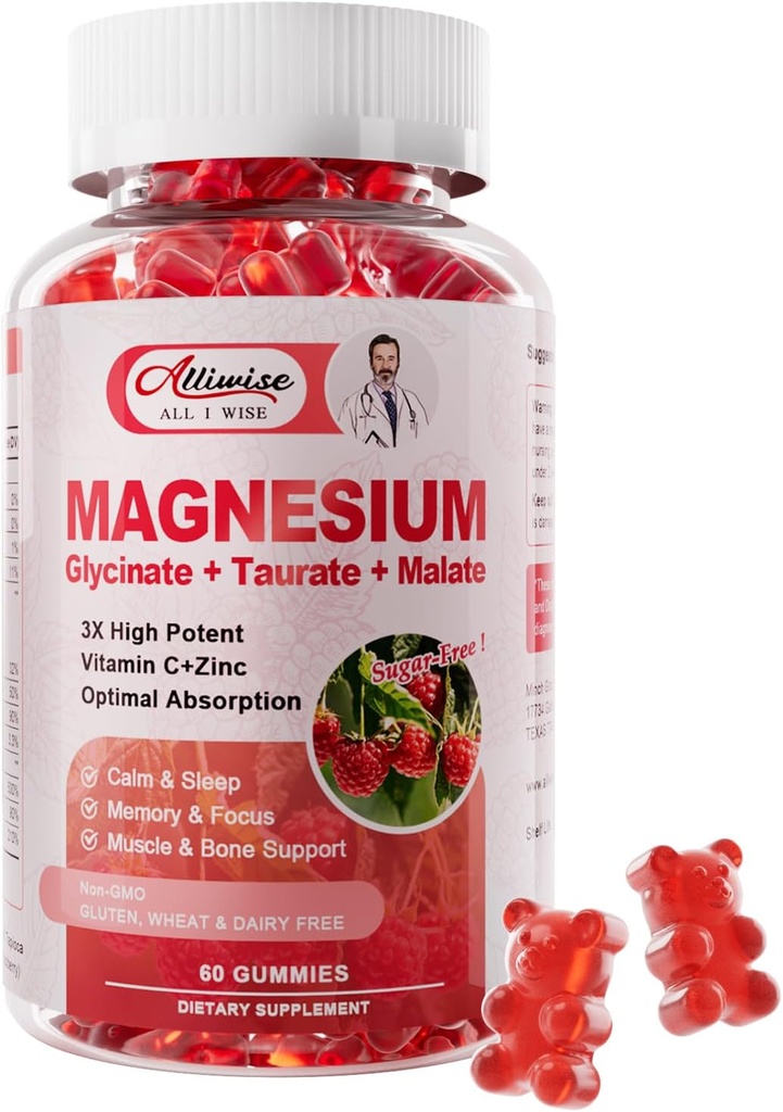 Magnézium Glycinate Gumies,Magnezium Draslík Supplement with Taurate, Malate, Vitamíny D, C, B6, Calcium, Body Support, Malinová Magnézium Gumies pre dospelých a deti