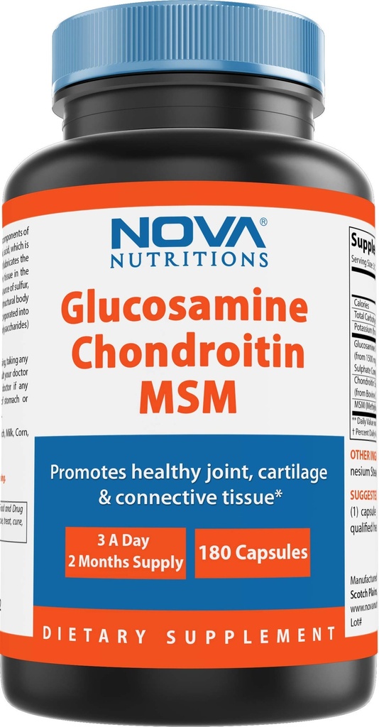 Nova Nutritions Trojitá sila Glukozamín Chondroitín MSM 2600mg/Serving Capsules, podporuje zdravé kĺby, Kartiláž a spojovacie tkanivo - Podporuje spoločný komfort & Flexibilita 180 Počet