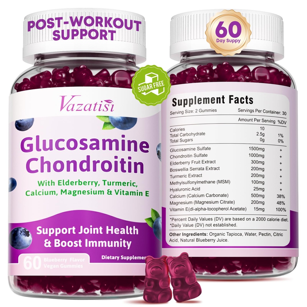 2 balenie Glukozamín Chondroitín Gummies - Glukozamín Chondroitín s MSM, bazy, kurkuma, Spoločná podpora doplnok pre dospelých, Muži a ženy - čučoriedková príchuť, 120 Cts