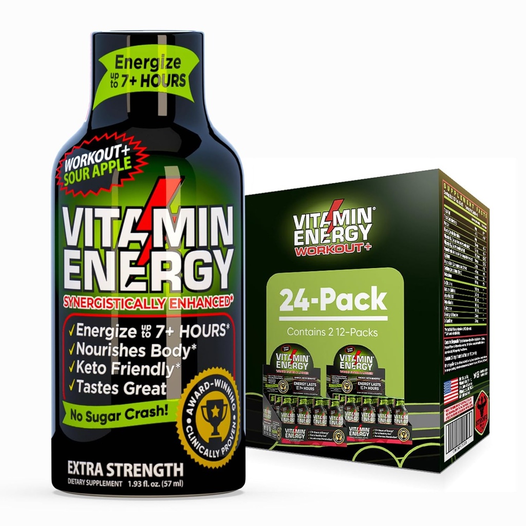 Vitamín Energy Cvičenie+ Extra sila Energia Shot Kyslé jablko 24 Balenie, 260mg Prírodný kofeín, Pre-Workout, B-vitamíny, Minerály, Vytrvalosť a výkon, Zero Cukor, Gluten-Free, Vegan, 1,93 fl oz