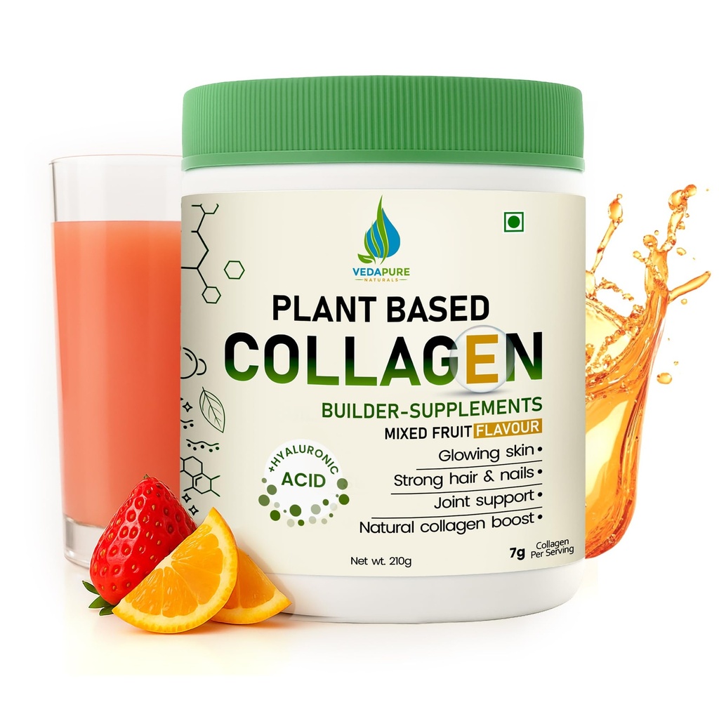 VEDAPURE Plant Collagen Peptides Powder | 7.05 oz Plant Based Vegan Organic Powder peptide Drink Mix with Hyaluronic Acid, Biotion, Vitamin E & C, Healthy Skin, Joints, Hairs, Nails