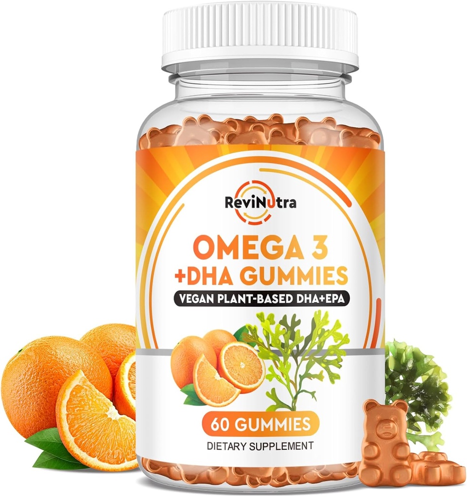 Omega 3 Gummies, Omega 3 Fish Oil Supplements Alternatíva s EPA & DHA, CoQ10, folát, vitamín A, D3, E, podporuje mozog, kĺb, srdce, oko, a imunitný systém funkcie-oranžová chuť, 60 Gummies