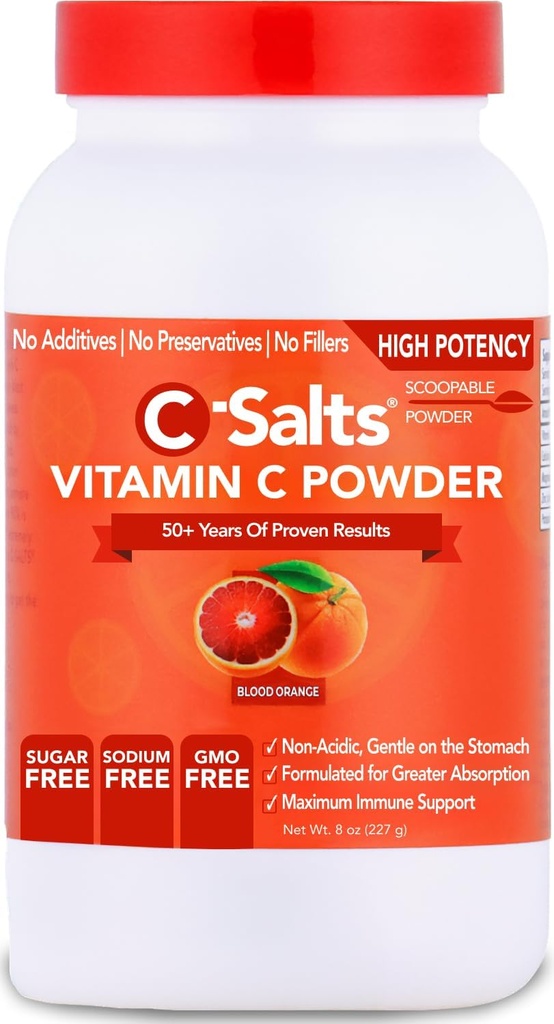 C-Salts vitamín C prášok doplnok - 100% čistá vysoká dávka pufrovaný vitamín C prášok na imunitnú podporu - organické, bez cukru, vegán, non-GMO, Žalúdok-Priateľne, krv oranžová 8oz