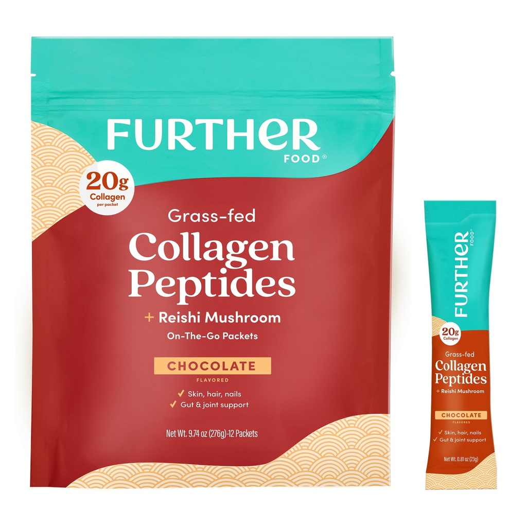 Further Food Chocolate Collagen Peptides Powder with Reishi Mushroom - 100% Grass-Fed, Hydrolyzed Type 1 & 3, 20g of Collagen per Serving, Supports Skin, Hair, Nails & Joints, Stick Packs, 9.74 Oz