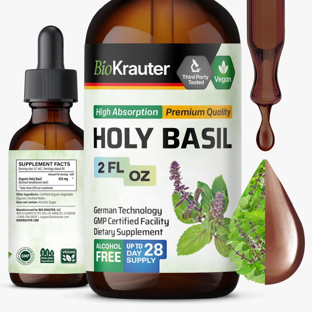 BIO KRAUTER Svätá bazalka Tinktúra - Tulsi prášok Tekutý extrakt - podporuje pokoj a relaxáciu - Urzolická kyselina Supplement - alkohol a cukor bez - Vegan kvapky 2 Fl.Oz.