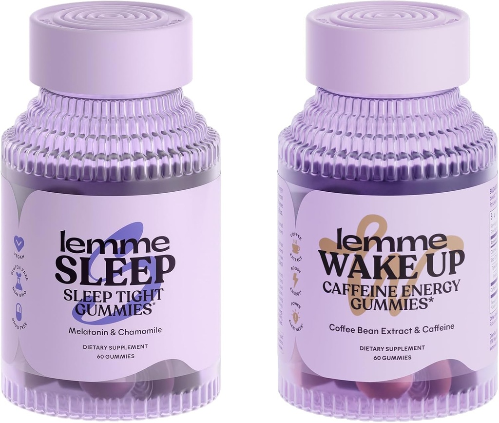 Lemme Sleep and Wake Up Bundle - Sleep Gummies for Better Night's Rest & Wake Up Caffeine Gummies for Energy - Gluten-Free, Non-GMO, 60 Count Each