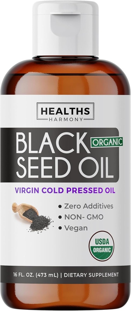 USDA Organic Black Seed Oil Liquid (16 fl oz) Premium Cold-Pressed Nigella Sativa Producing Pure Black Cumin Seed Oil - Antioxidant Supplement - Vegan, Gluten-Free, & Non-GMO (No Pills or Capsules)
