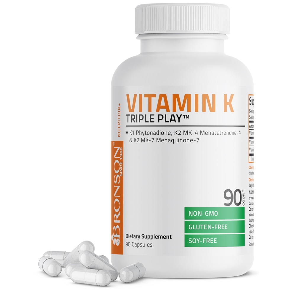 Bronson vitamín K trojitá hra (vitamín K2 MK7 / vitamín K2 MK4 / vitamín K1) komplex plného spektra vitamín K doplnok, 90 kapsúl