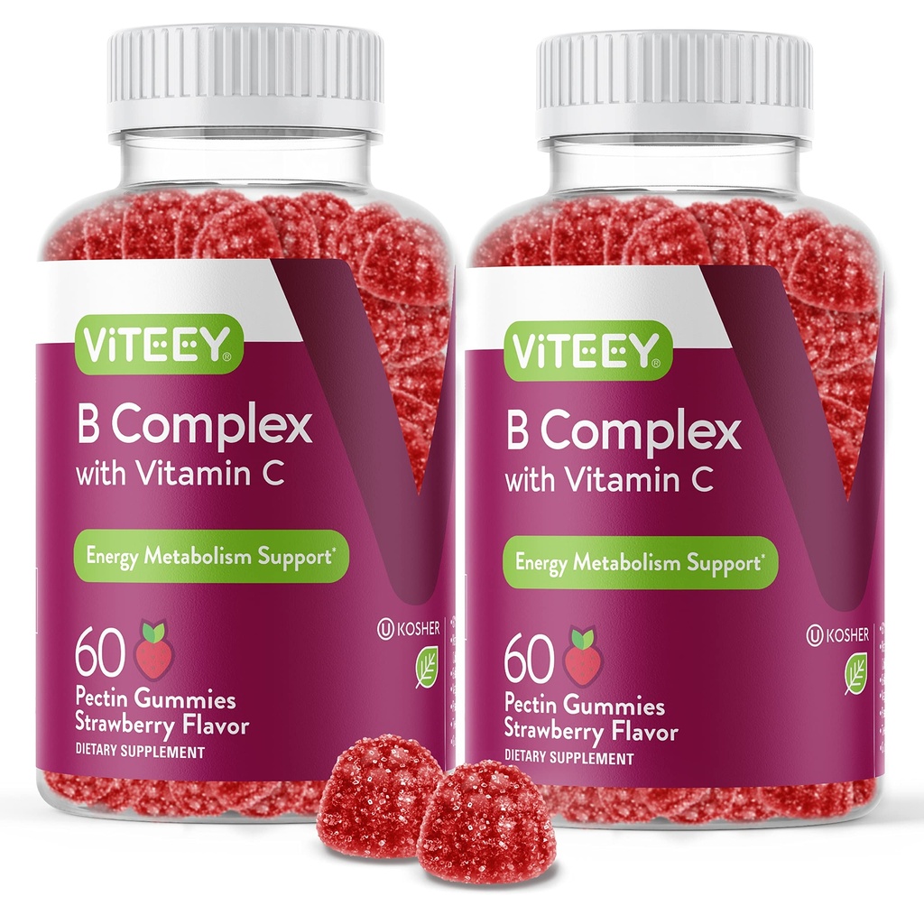 Viteey vitamín B komplex Gumies s vitamínom C - Energia, metabolizmus a imunitná podpora - B6, B12, Niacín, kyselina listová, biotín, vápnik - Vegan, bez lepidla - 120 Počet