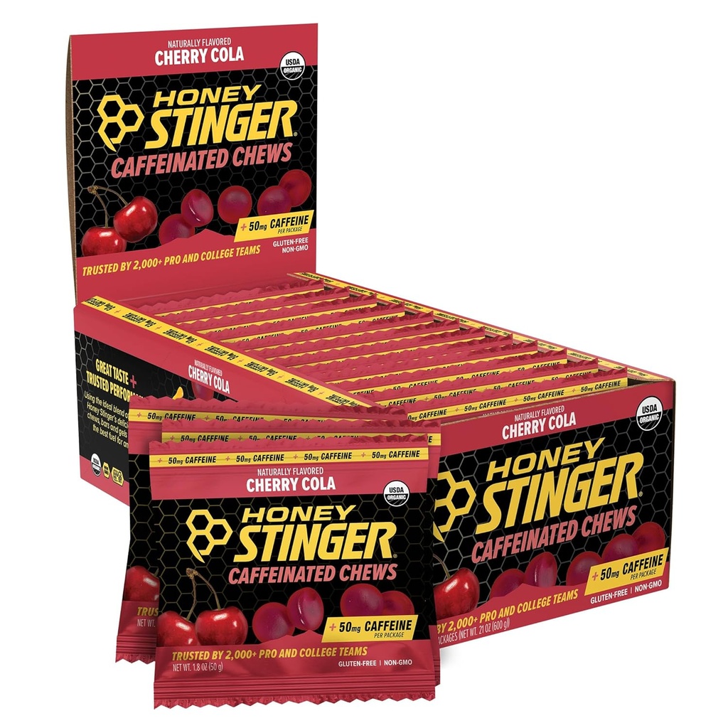 Honey Stinger Cherry Cola Kofeínovaná energia Chew, lepok zadarmo, s kofeínom, pre cvičenie, beh a výkon, Športová výživa pre domáce & Gym, Pre a stredné cvičenie, 12 Balenie, 23.2 Ounce