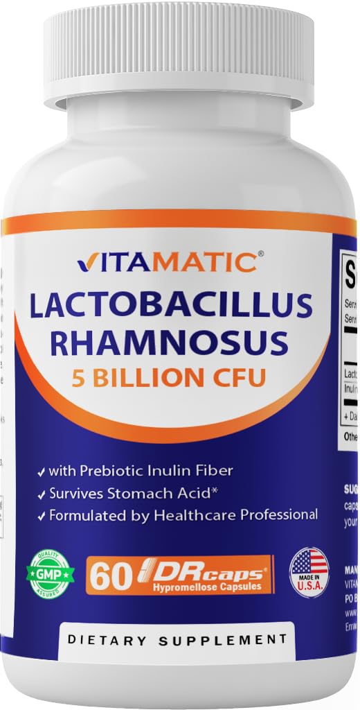 Vitamatic Lactobacillus Rhamnosus 5 miliarda na kapsulu DR (10 miliarda na 2 kapsuly) - 60 gróf - Advanced Digestive & Immune Support - Made with Prebiotic Inulin Fiber