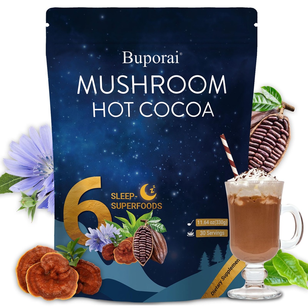 Mushroom Hot Cocoa with Melatonin, Reishi, L-Theanine, Cocoa Powder Hot Chocolate Nighttime Drink Mix for Sleep & Relax - 30 Servings