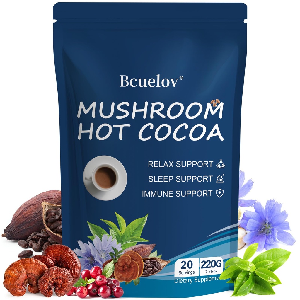 Mushroom Hot Cocoa, Cocoa Powder with Reishi Mushroom, Melatonin, Glycine, Cacao, L-Theanine, Chicory to Help Fall Asleep and Stay Asleep, 20 Servings