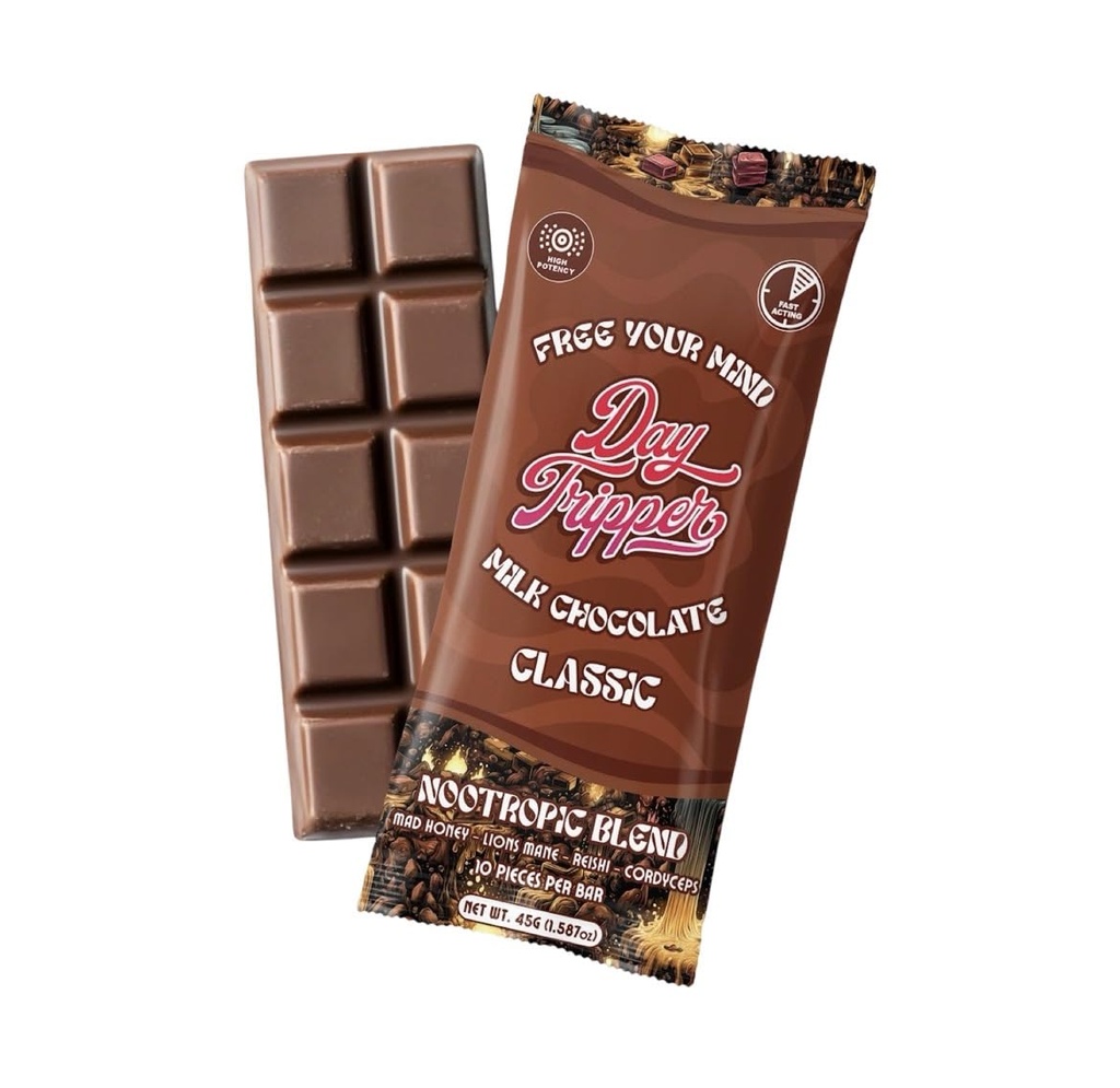 Day Tripper Classic Milk Chocolate Bar, Nootropic Blend, Lions Mane, Reishi, Cordyceps, 45g