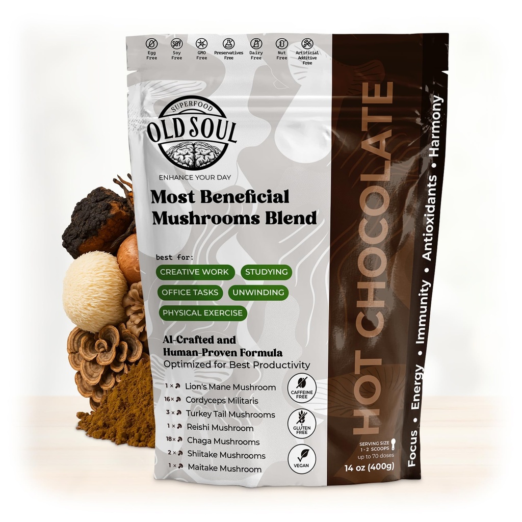OldSoul Superfood Mushroom Hot Chocolate Blend | 7-Mushroom Formula (Lion's Mane, Cordyceps, Reishi, Turkey Tail, Chaga, Shiitake, Maitake) | Real Cocoa | Approx.70 Doses | Energy, Focus, Immunity | 14 oz (400 g)