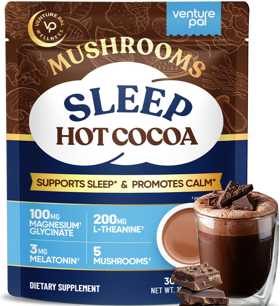 Mushroom Hot Cocoa Powder Natural Sleep Aid with Magnesium Glycinate, Reishi & L-Theanine, 12 Superfoods, Melatonin 3mg, Unsweetened Bedtime Hot Chocolate Drink Mix for Sleep & Relaxation, 30 Servings