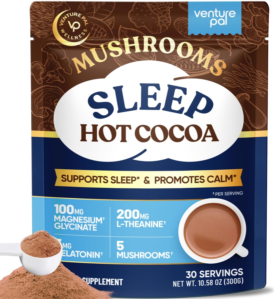 Venture Pal Nocturne Vesper Bedtime Cocoa Drink Mix, Unsweetened Night Ritual Blend with Reishi, L-Theanine, Melatonin 3mg & Mushroom Hot Cocoa Powder, 30 Servings