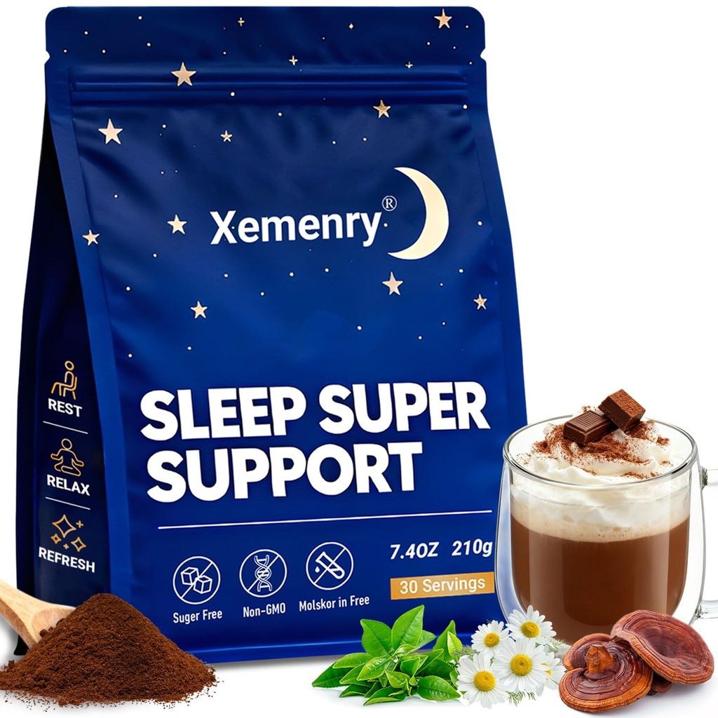 Magnesium Hot Cocoa, Natural Sleep Aid Cocoa Powder, Sleepy Hot Chocolate - Nighttime Relaxation Drink Mix with Zinc Glycinate, L-Theanine & Reishi Mushroom, Melatonin-Free - 30 Servings