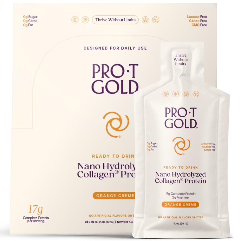 ProT Gold Liquid Collagen Protein Shot, 17g Clear Protein Nano-Hydrolyzed Grass Fed Collagen, 2g Arginine for Wound Support, Gluten Free, Sugar Free, 0g Carbs, Orange Creme, 1 fl oz, 24 Balenie