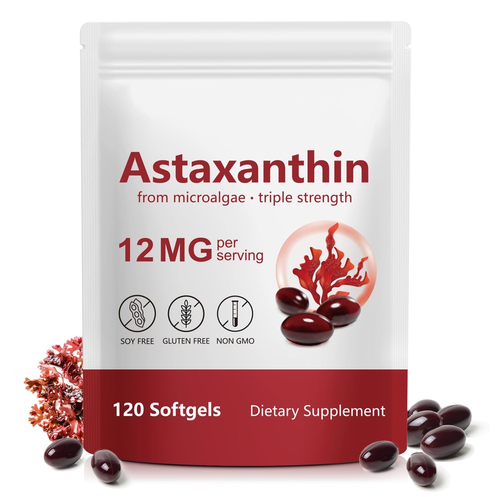 Astaxanthin 12mg Triple Strength, Astaxanthin Supplements, Natural Antioxidant, Supports Eye, Joint & Skin Health, Non-GMO (120 Count (Pack of 1))