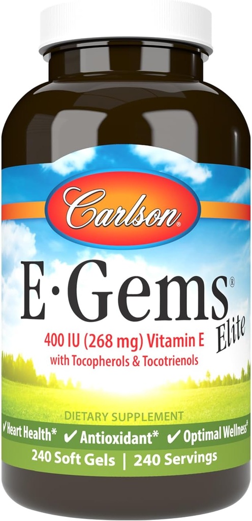 Carlson - E-Gems Elite, 400 IU vitamín E s tokoferolmi a tokotrienolmi, vitamín E kapsuly, zdravie srdca a optimálny wellness, antioxidant, vitamín E doplnok, 240 softgelov