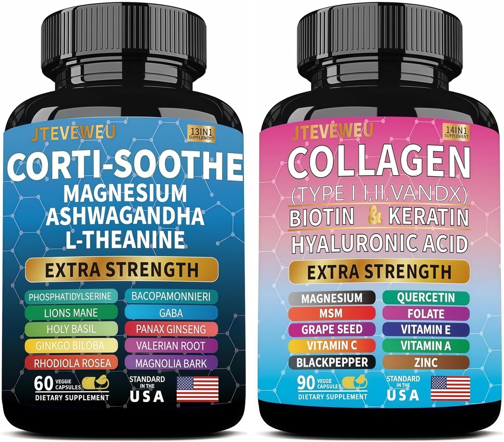 Shining Serenity Set, Cortisol Support with Ashwagandha, L-Theanine, Magnesium, Lions Mane, GABA, Bacopa Monnieri, Collagen Biotin, Keratin, Hyaluronic Acid, Quercetin