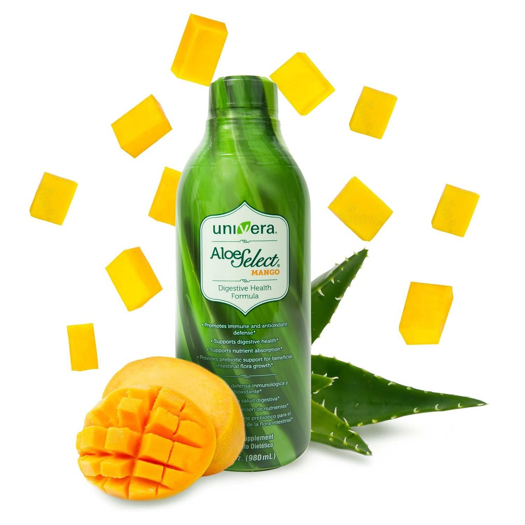 Univera Aloe Vera Juice, Preminum Organic Aloe Vera, Digestive Enzymes for Gut Health, Immune Support, Prebiotic Supplement, Reduces Ilungation, Mango Flavor, 30 Day Supply (33 fl oz)