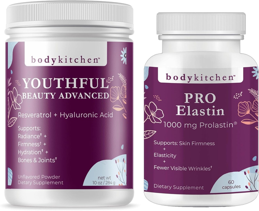 Telo Kuchyňa Youthful Beauty Advanced Collagen Peptides Powder a Resveratrol a kyselina hyalurónová 10oz a Pro-Elastin, Počet 60
