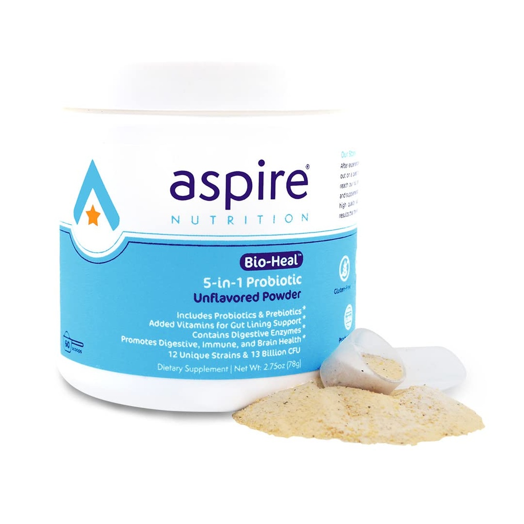 Aspire Nutrition 5-in-1 Bio-Heal® Probiotikum pre deti, mužov a ženy - Najlepšie doplnok pre funkciu mozgu, zdravie a zápcha Gut - Stabilné a obohatené s vitamínom, minerálmi a prebiotikami - prášok