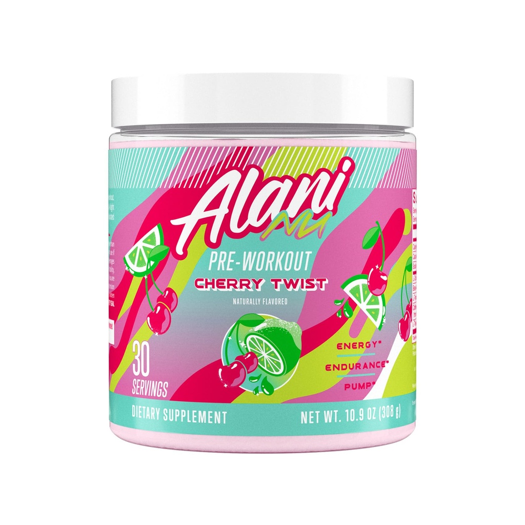Alani Nu Pre Workout Powder Cherry Twist, Amino Energy Boost, Supplement Endurance, Free Supplement, 200 mg kofeínu, L-theanine, Beta-Alanine, L-Citrulline, 30 Servings