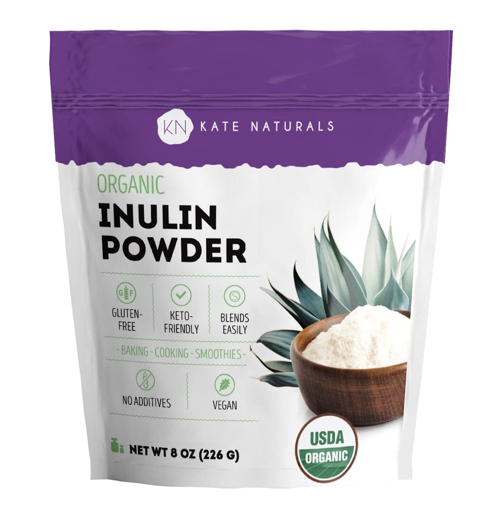 Kate Naturals Inulin Powder Organic from Blue Agave (8oz) Rozpustné prebiotické Fiber na kávu, Jogurt & Smoothies