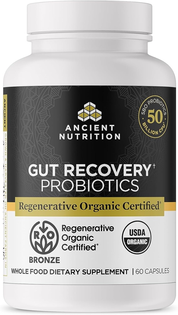 Ancient Nutrition Regenerative Organic Certified Probiotics for Gut Recovery, Probiotics Gut Recovery, for Healthy Digestion and Immune System Function Support, 50 miliárd CFUs* Per Serving, 60 gróf
