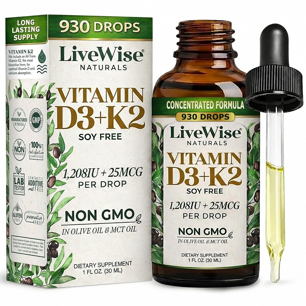 Vitamín D3 s K2 kvapalnými kvapkami, všetky prírodné, non-GMO, 1208iu D3 a 25mcg K2 (mk7) na obsluhu, podporu kosti, imunitný systém a energetické hladiny, s alebo bez mäty piepornej