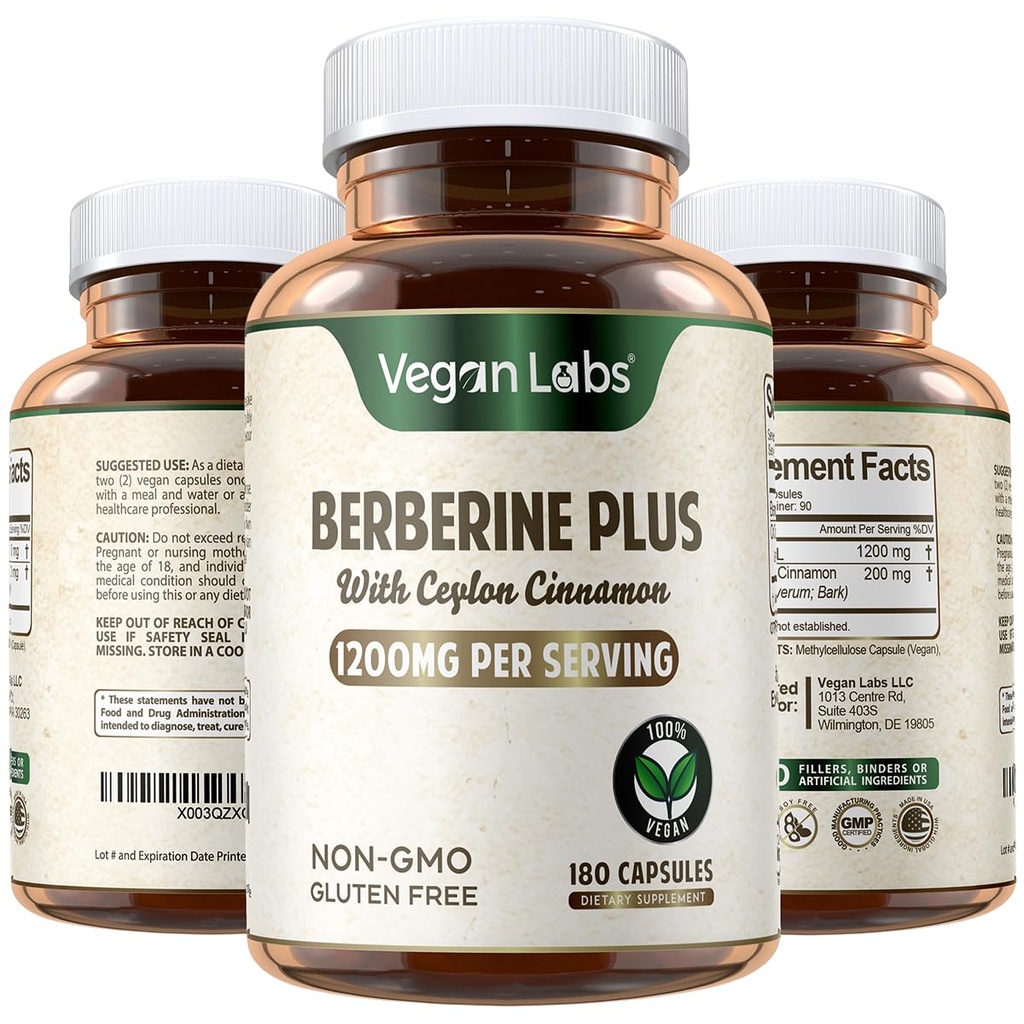 Vegan Labs Berberine HCL 1200MG s organickým Ceylon škorica- 180 Vegan kapsule- podporuje celkové zdravie a imunitný systém