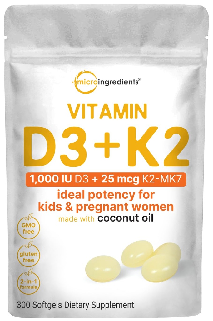 Micro Ingrediencie Vitamín D3 1 000 IU + K2 MK-7 25 mcg, 300 Softgels 