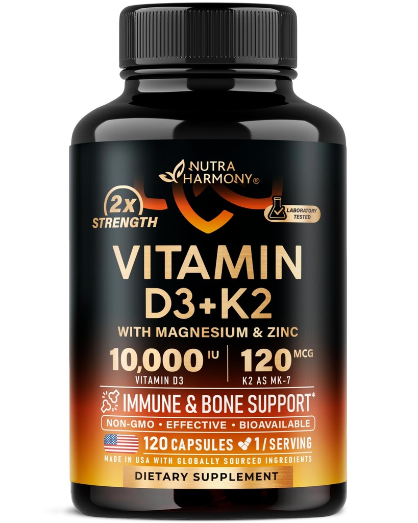 Vitamín D3 K2 - Vitamín D3 10000 iu & K2 ako MK-7 120 mcg - Immune & Mood Support, pre zdravie kostí a zubov - s horčíkom, zinkom a vitamínom C & B12 - Vysoko biologicky dostupný - vyrobený v USA, 120 kapsúl