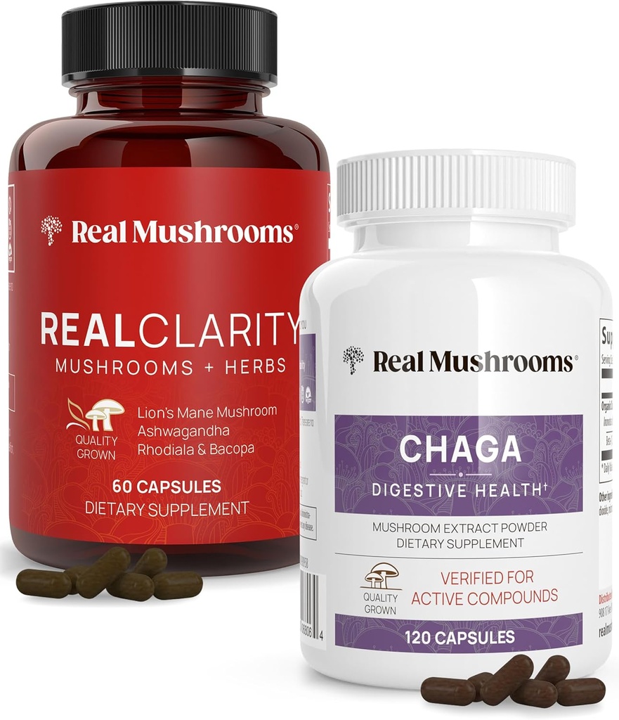 Real Huby RealClaire (60ct) a Chaga (120ct) Kapsule Bundle - Huba Supplement for Mental Clarity, Focus, Digestive Health & Immune Support - Vegan, Non-GMO, Overené hladiny Beta-Glucans